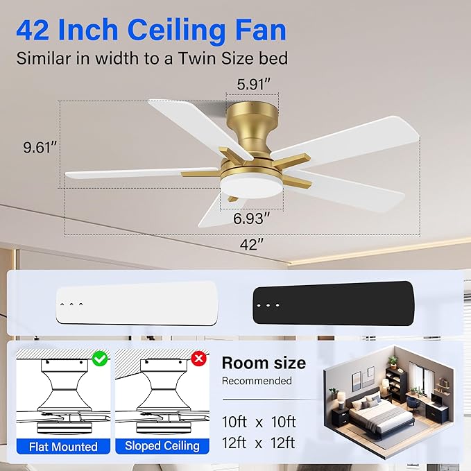 42 Inch Ceiling Fans with lights,RGB Low Profile Ceiling Fan with Light and Remote Control,Modern Flush Mount Ceiling Fans for Bedroom,Patio,Porch,Outdoor Indoor Use,in Black White and Gold,Quiet