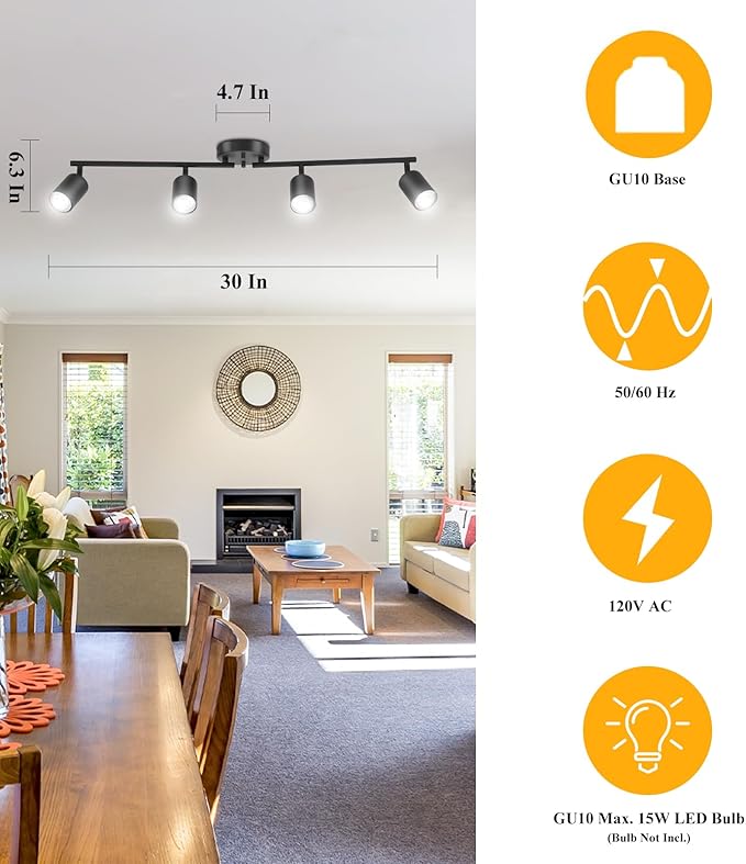 BoostArea LED 4 Light Track Lighting Kit, Black 4 Way Ceiling Spot Lighting, Flexibly Rotatable Light Head for Kitchen, Living Room, Bedroom, Bulb Not Included