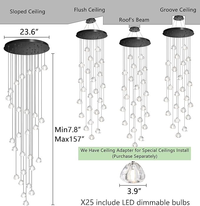 157 Inches Long Chandelier Bubble Crystal Balls Glam Chandeliers Dimmable Light High Ceiling Pendants Light Adjustable Large Size Lighting Fixtures Black