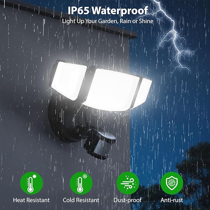 iMaihom 65W 6500LM LED Security Lights Motion Sensor Light Outdoor, 6500K Daylight, IP65 Waterproof, Dusk to Dawn, Hardwired 3-Head Motion Detected Flood Light for Garage, Yard, Porch (Black, 1 Pack)