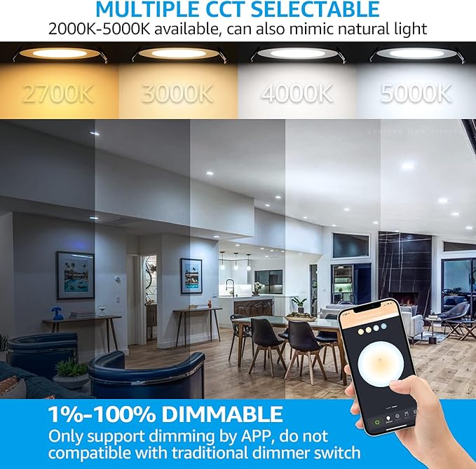 TORCHSTAR Smart Recessed Lighting 4 Inch with J-Box, CRI90+ Color Changing RGBCW Smart Downlight, Aluminum, ETL & ES Listed, Voice Control with Alexa, Google Assistant, Siri, Pack of 4