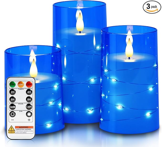 Homemory Flameless Candles with Embedded Star String Fairy Lights, Battery Operated Candles, LED Candle, Fake Candles with Remote Control and Timer, Blue, Set of 3(H 4" 5" 6”)