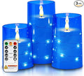 Homemory Flameless Candles with Embedded Star String Fairy Lights, Battery Operated Candles, LED Candle, Fake Candles with Remote Control and Timer, Blue, Set of 3(H 4" 5" 6”)
