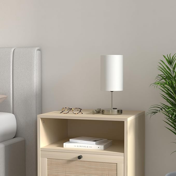 Set of 2 Touch Control Table Lamps with 2 USB Charging Ports&AC Outlet, 3-Way Dimmable Bedside Nightstand Lamps with White Fabric Lampshade for Reading, Bedroom, Living Room, A19 LED Bulbs Included