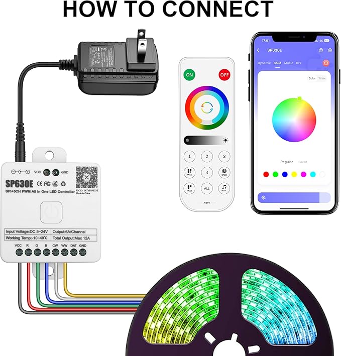 RGBZONE Bluetooth LED Controller, SP630E 4 Zones 2.4GHz RF Remote & APP Control, DC5V-24V LED Controller Support FCOB COB SMD PWM or SPI RGB RGBW WS2811 WS2812B WS2814 SK6812 IC etc Light Strips