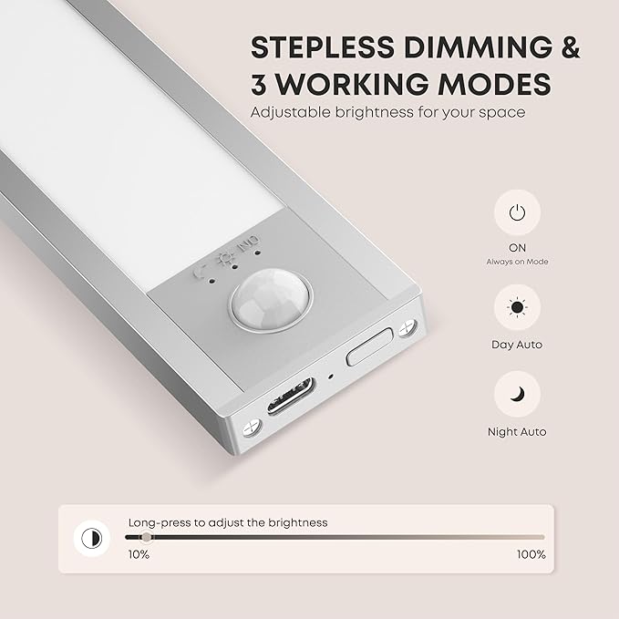 Under Cabinet Lighting Wireless, 2 Pack 15.7 inch 2200mAh 6500K Dimmable Motion Sensor Light Indoor, Rechargeable LED Under Counter Lights for Kitchen, Shelf, Stairs, Closet