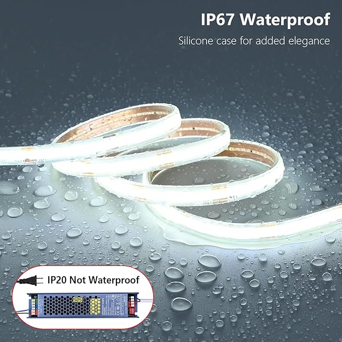 24V COB LED Strip Lights Outdoor Waterproof 65.6FT, 6000K Cool White Dimmable IP67 CRI 93 LED Rope Light with Power Supply for Bedroom Living Room Garden Commercial House