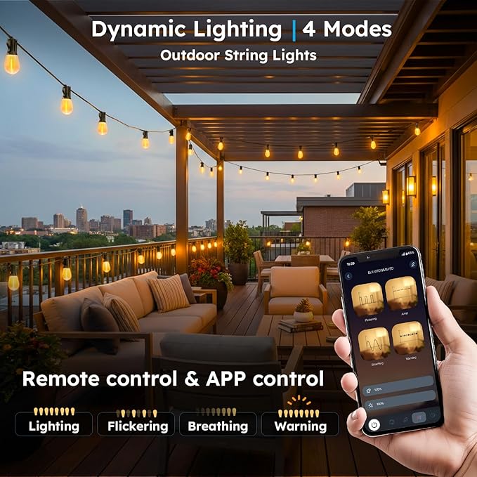 50FT S11 LED Outdoor String Lights with App & Remote, Low-Voltage Patio Lights with Music Sync, 4 Lighting Modes, Dimmable, Waterproof LED Outdoor Lights for Porch, Deck, Garden, Backyard