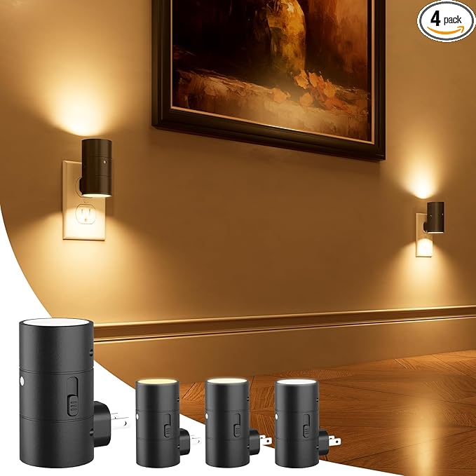 NIORSUN Night Lights Plug into Wall, Dimmable with 3 Color Modes & Auto On/Off Sensor, Ultra-Slim Nightlight for Hallway, Bathroom, Bedroom, Nursery, Kitchen (4 Pack, Black)
