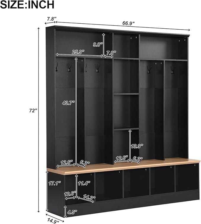 66.9" Wide Hall Tree with Storage Bench, Shoe Cabinet with Cube Storage & Shelves, Coat Rack with 8 Hooks for Entryways
