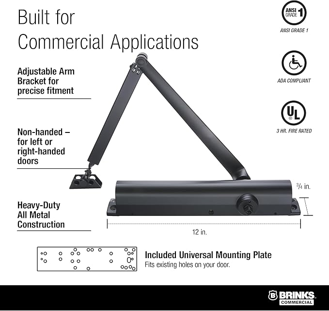 Heavy Duty All in ONE COMM Closer with MOUNTING Plate UL Listed, Aluminum (Matte Black)