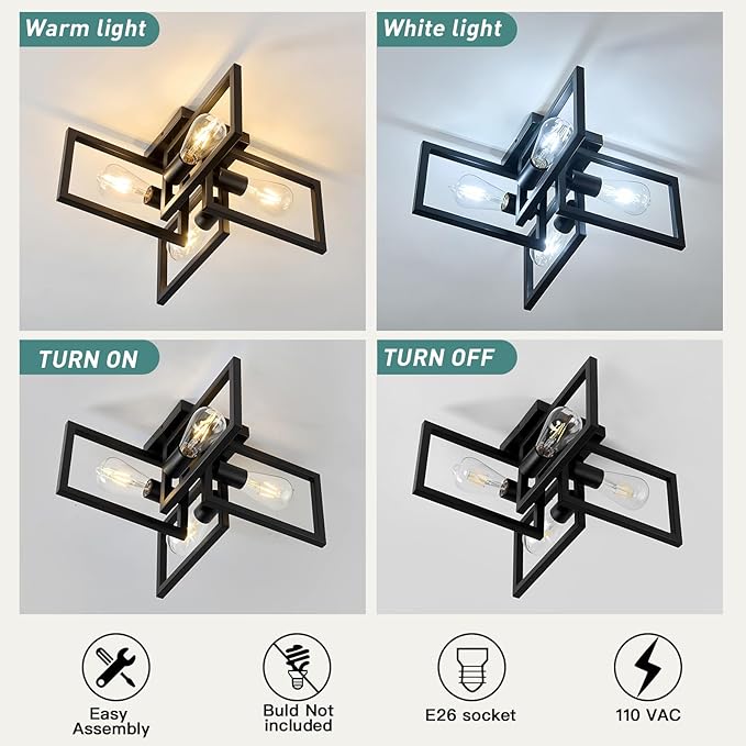 ZGLAOJT 4-Light Flush Mount Ceiling Light Black Industrial Kitchen Light Fixtures Modern Matte Sputnik Chandelier for Dining Room Bedroom Farmhouse Living Room.