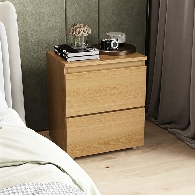 FAMAPY Modern Nightstand with 2 Drawers, Bedroom Storage Cabinet, Modern End Side Table, No Handle Design, for Living Room Natural 15.7”W x 11.6”D x 18.9”H