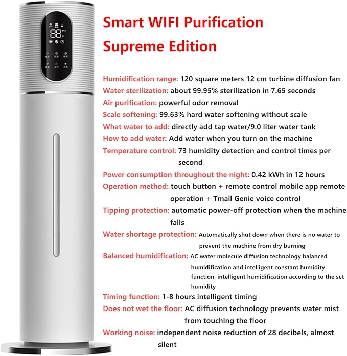 Floor-standing Air Humidifier for Home Living Room and Bedroom with Water Pump Smart WIFI Humidifier Large Capacity Large Mist Volume UV Purification Atomizer (White)