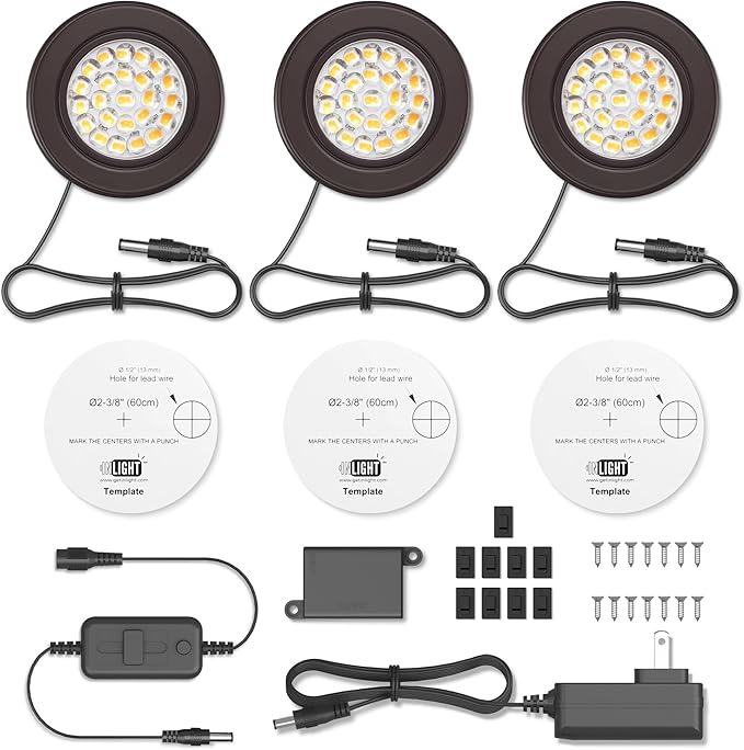GETINLIGHT 2.5" Wide 3000K Dimmable LED Puck Lights Kit, Plug-in Installation with Recessed or Surface Mounted, Bronze Finish Over Metal Construction, Set of 3, IN-0113-3-BZ