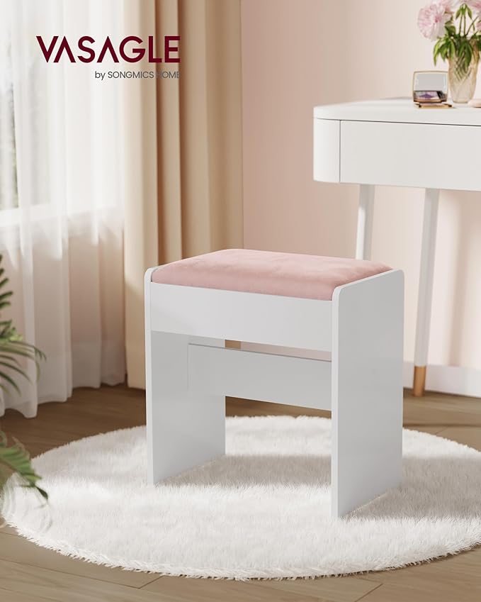 VASAGLE Kailyn Collection - Velvet Vanity Stool, Upholstered Makeup Stool, Footrest with Anti-Slip Pads, for Makeup Room, Bedroom, Entryway, Matte White and Jelly Pink URDS001W01S