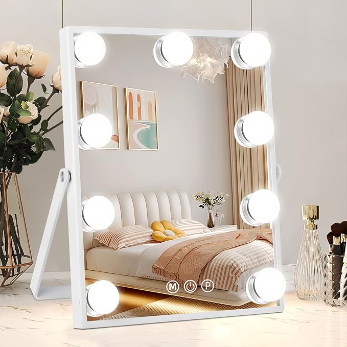 Vanity Mirror with Lights, Hollywood Vanity Makeup Mirror with Lights, Lighted Make Up Mirrors with 9 Dimmable Bulbs, 360 Degree Rotation Mirror, Smart Touch Control, 3 Color Modes (12" L x 10" W)