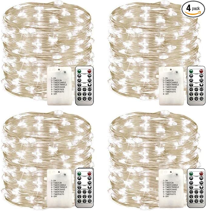 Christmas 4 Pack 33Ft 100 Cool White Led Fairy Lights Battery Operated with Remote Control Timer Waterproof Silver Copper Wire Twinkle Lights