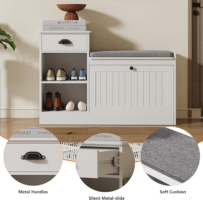 Shoe Storage Bench, Modern Wooden Shoe Cabinet with Flip Drawer and Adjustable Shelf, Entry Way Bench with Padded Seat Cushion for Entryway, Hallway, Living Room,Off-White
