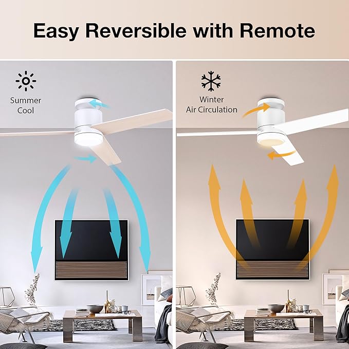 52 Inch Smart Flush Mount Ceiling Fans with Lights Remote,Quiet DC Motor,Outdoor Indoor Low Profile Ceiling Fan,Voice Control via WIFI Alexa App,Modern White Wood Ceiling fan for Bedroom Patio
