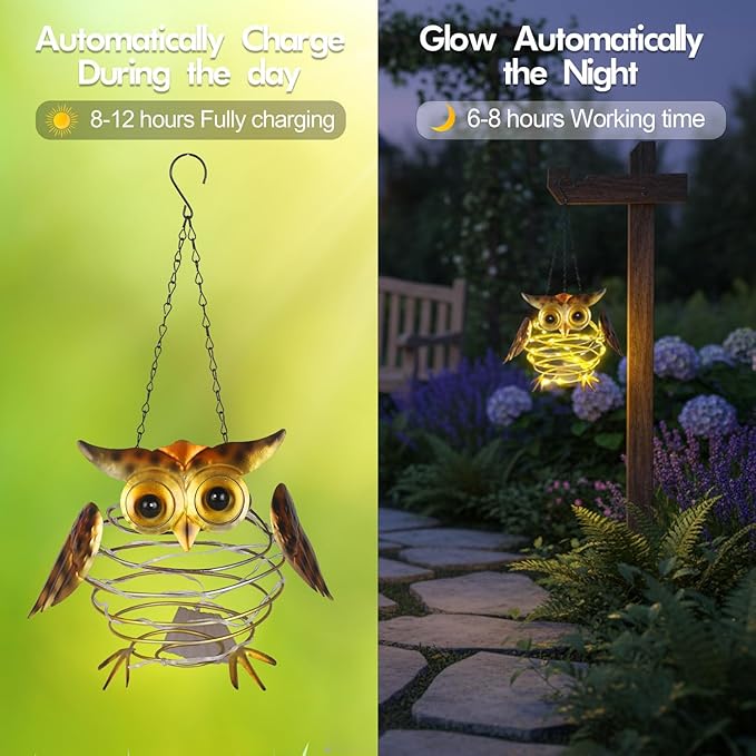2 Pack Owl Solar Lights Outdoor Hanging Lantern with Handle, Solar Powered Owl Garden Decor for Outside Patio Yard Porch Pathway Owl Gifts for Women (Warm White LED Lights)
