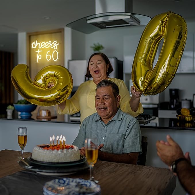 Cheers to 60 Neon Sign - 60th Birthday LED Neon Lights - Warm White - Happy Birthday Signs for Wall Decor - 60 Years LED Signs for Wall, Bedroom, Bar, Wedding, Party Decor