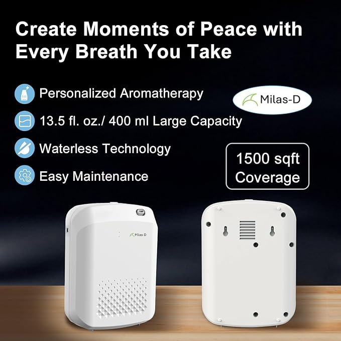 Waterless Essential Oil Diffuser for Home and Commerical, Aromatherapy Diffuser for Large Rooms Up to 1500 sqft, Bluetooth Smart Scent Air Machine with 13.5 fl.oz./400 mL Capacity, Cold Air, Milas-D