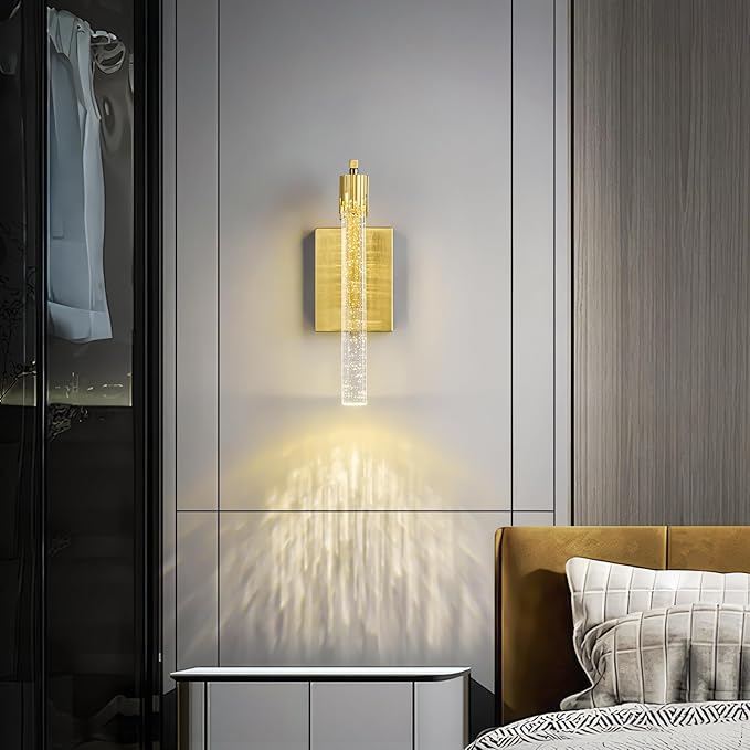 Gold LED Wall Sconce Set of Two with Bubble Crystal Stick Wall Light Modern Bathroom Vanity Light Fixture for Bedroom Bedside Hallway