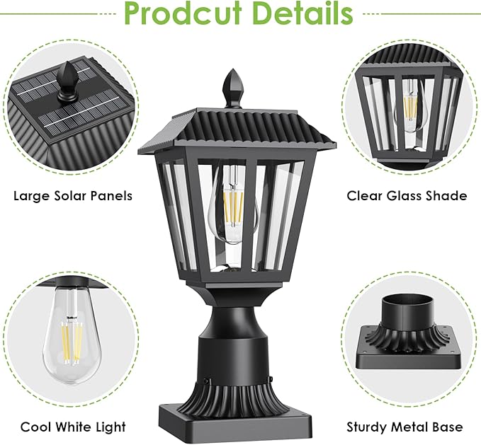 Greluna Solar Post Lamp Lights, 2 Pack 6000K Dusk to Dawn Solar Light with Pier Mount Base, Post Lights Outdoor Waterproof for Garden Yard Landscape Pole Pillar, Outside Decorative Lamp