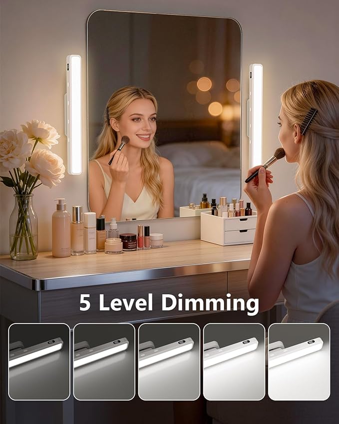 WILLED 3W Rechargeable Vanity Lights for Mirror with Remote Control，Eye-Friendly Mirror Lights Stick on,Adjustable Color Temperatures Makeup Light with Battery Display for Bedroom, Bathroom(2 Pack)