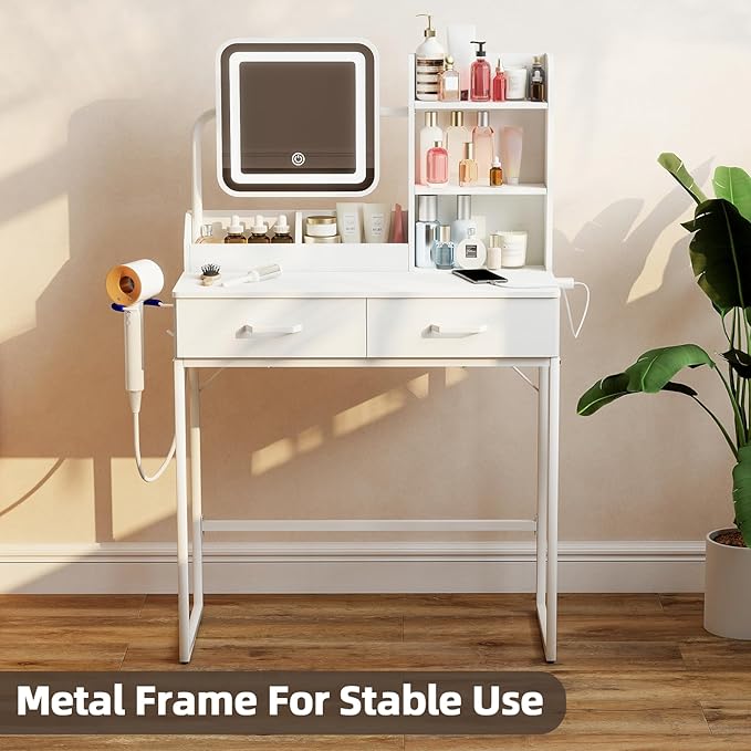 Compact Makeup Vanity for Girls with Mirror and Lights, White Vanities Desk with 2 Drawers and Charging Station, Modern LED Lighted Bedroom Dressing Table