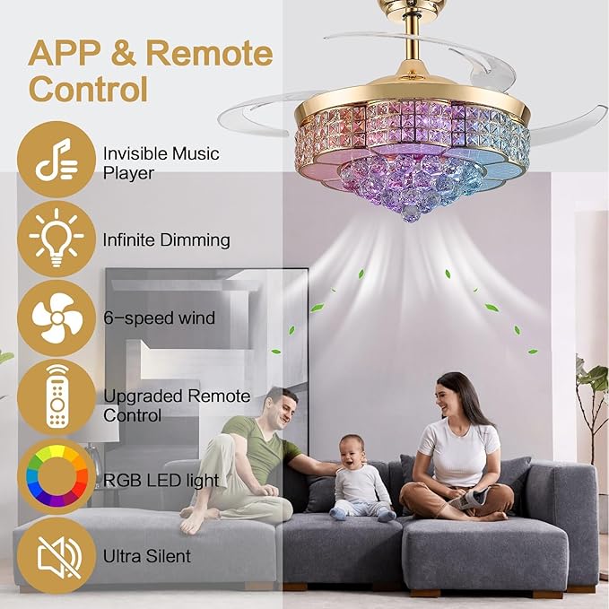 48" RGB Bluetooth Fandelier Ceiling Fan, Crystal LED Chandelier, Retractable Blades 6-Speed Music Player Remote APP Control for Bedroom Glod