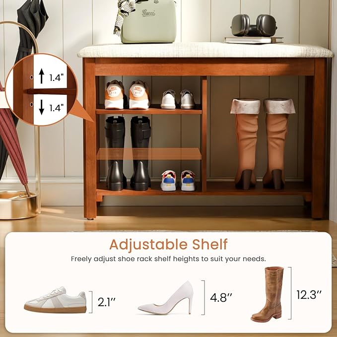 Shoe Rack Bench, Solid Wood Entryway Bench with Cushion and Flip-Top Storage, Adjustable Shelf, Shoe Organizer Bench for Front Door Entrance, Hallway, Living Room, Mudroom (Beige, 31.5" L)