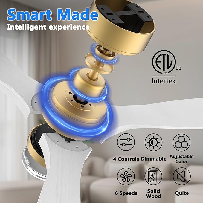 52 Inch Wood Smart Ceiling Fans with Lights Remote,Voice Control via WIFI Alexa App,Quiet DC Motor,Outdoor Indoor Ceiling Fan,Dimmable,Modern Gold White Lighting & Ceiling Fan for Bedroom Patio Porch