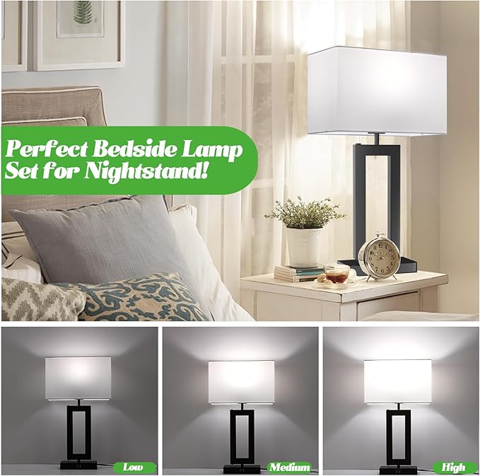 White& Black Table Lamp Set of 2 Touch Control Lamps 3-Way Dimmable Bedroom Bedside Nightstand Lamps w/USB Ports Modern Table Lamp for Living Room End Table Office, 22’’ Tall, Daylight