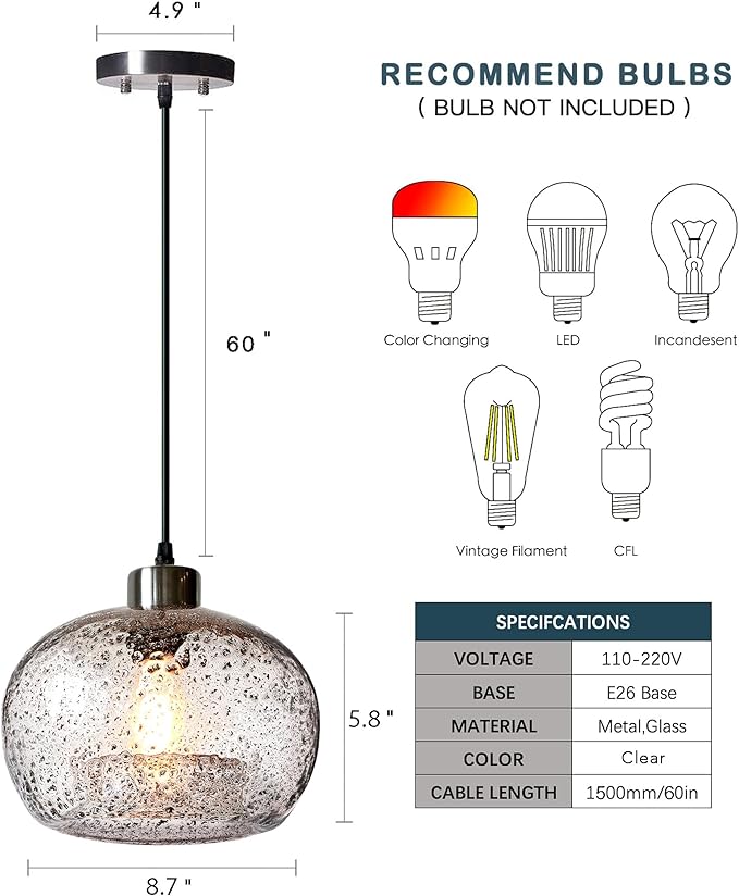CASAMOTION Pendant Lights Kitchen Island,Clear Seeded Glass with Black Sand Powder,Modern Farmhouse Ceiling Hanging Lighting Fixtures,Dining Room Table Bedroom Oval Globe 8.7 Inch Diam 2 Pack