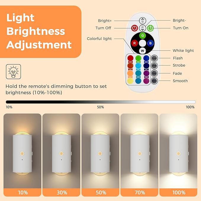 Motion Sensor Wall Light, RGB LED Wall Light with Remote Control, 16 Colors Brightness Adjustable, Wall Sconces Battery Operated Indoor, Wall Sconce for Hallway, Bedroom, Stairs, Living Room