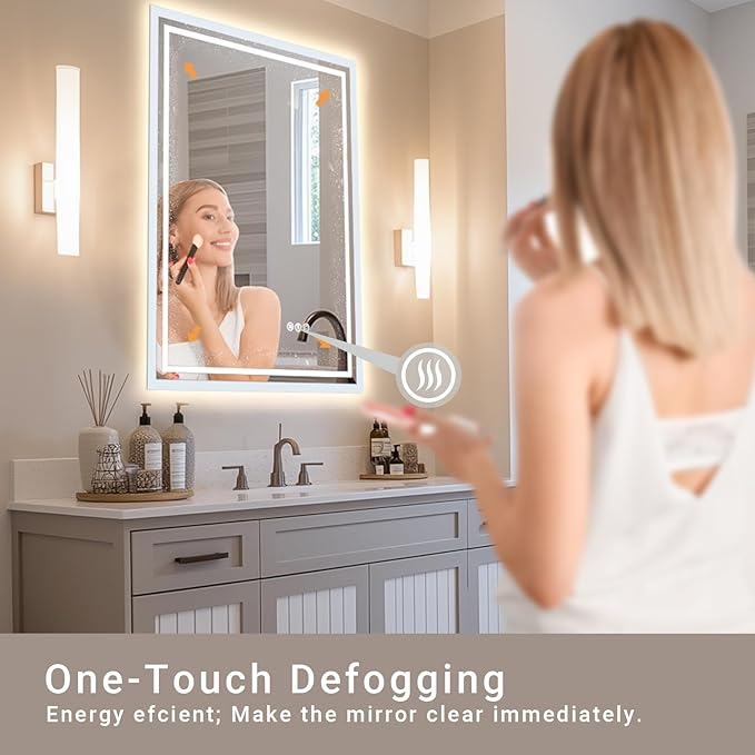 24"x 32" LED Bathroom Mirror with Stepless Dimmable, Backlight Wall Mirrors with Anti-Fog Bathroom Digital Mirror for Wall, 3 Color Modes, Memory Function Smart Mirror