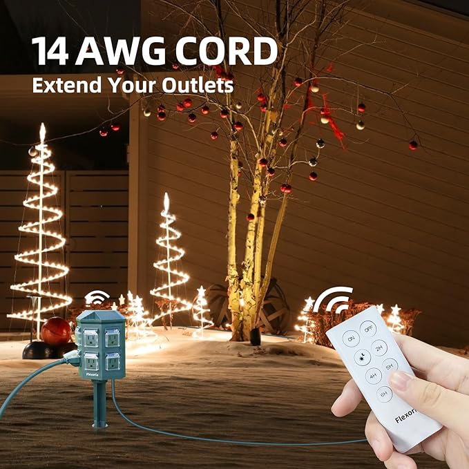 Outdoor Power Stake Timer, Remote Control Dusk to Dawn Light Timer, 6FT Extension Cord Waterproof, 6 Grounded Outlets for Graden and Yard Decorations, ETL Listed (6 FT)