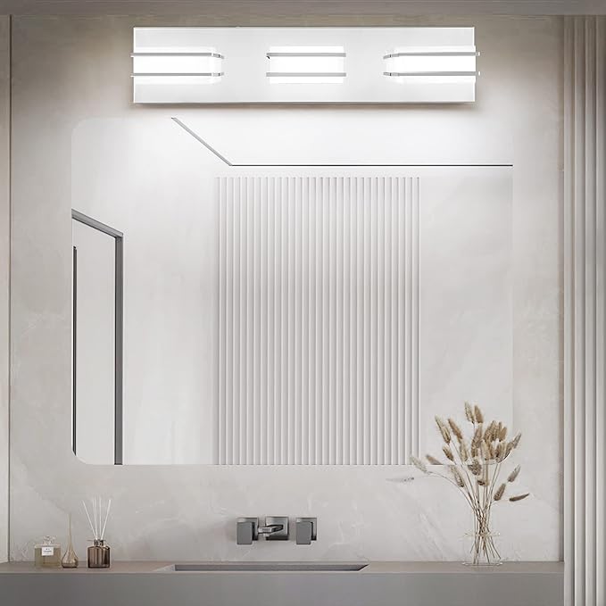 3 Color Temperature Dimmable Bathroom Light Fixtures over Mirror, LED Chrome 3 Light Vanity Lighting Fixtures, Acrylic Stainless Steel Square Shade Vanity Lights for Bathroom, ETL Certificated