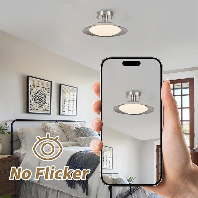 Dimmable Brushed Nickel Ceiling Light Flush Mount Modern LED Lighting Fixture, 5CCT 3000 K- 6000 K Ceiling Lamp for Bedroom Hallway Living Room Kitchen