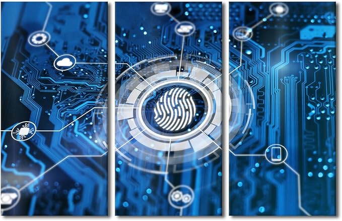 Wall Art for Living Room 3 Panel Fingerprint Login Authorization and Cyber Security Concept Pictures Posters for Home Wall Decoration, Stretched Framed Gallery-Wrapped, 42" Wx28 H