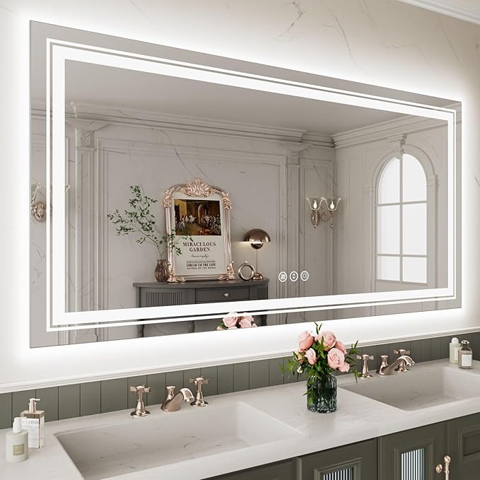 WTTY LED Bathroom Mirror 32x24 Inch, Front Light and Backlit LED Mirror for Bathroom, Lighted Vanity Mirror for Wall, Stepless Dimmable, Anti-Fog, Shatter-Proof, Memory, Double LED Vanity Mirror