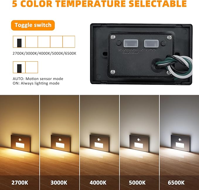 Motion Sensor Stair Lights Indoor Outdoor, 5CCT Dimmable LED Step Lamp with Switch, 4W 300LM, 2700K-6500K, IP66 Waterproof Hardwired 120V Stairway Staircase Walkway Lighting- Black, 12 Pack, ETL