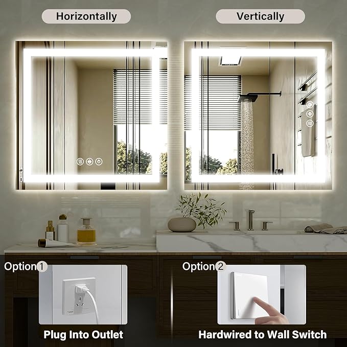 36"x 36"LED Bathroom Mirror, Backlit + Front Lit, LED Bathroom Mirror with Lights for Wall, 3 Colors, Anti-Fog, Dimmable Brightness, Tempered Glass