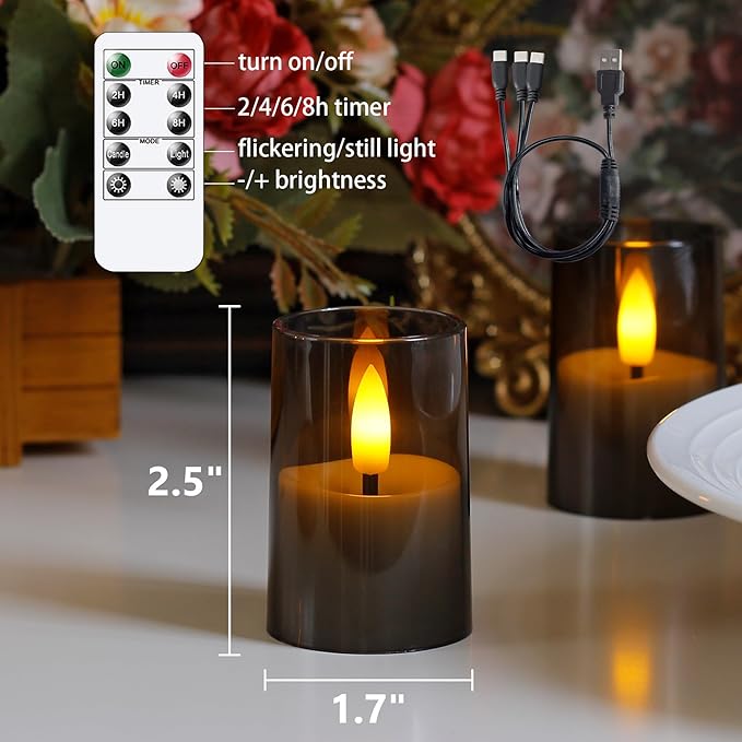Rechargeable Acrylic Flameless Votive Candles with Timer & Remote Control, 1.7" x2.5" Flickering LED Warm Glow Tealight for Home, Wedding, Holiday Decor (Set of 6, Grey)