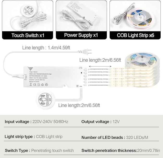 12V Warmwhite COB LED Strip Light Kit-6pcs 3.3FT Self-Adhesive LED Strip Parallel with Dimmable Touch Sensor Switch, Led Light Strip for Wood Slat Wall Panels, Home decor, Under Cabinet Strip Light