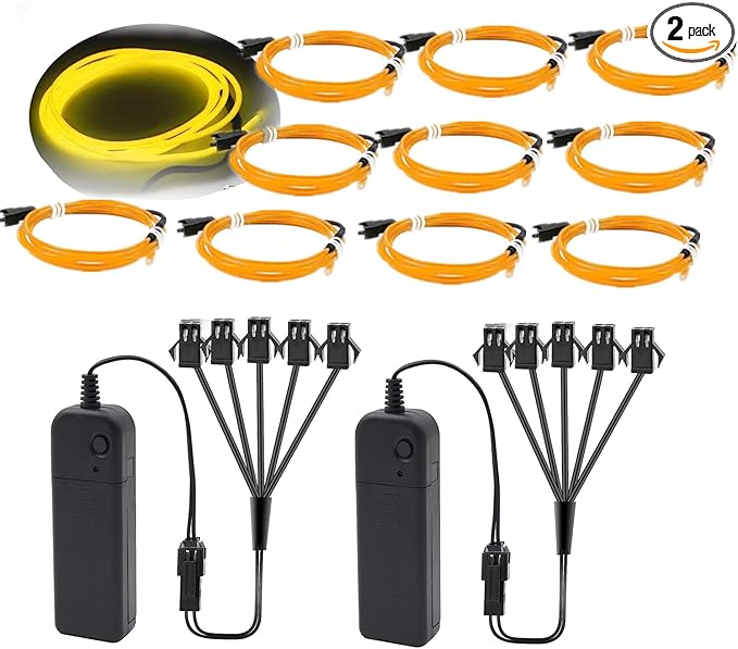 Ourbest 2Pack 5in1 Wearable led Wire Lights, el Wire Lights Battery Powered Party Cosplay Rope Lights 3Mode Stay/Slow/Fast Flash 6Ft(2 Battery Boxes Yellow)