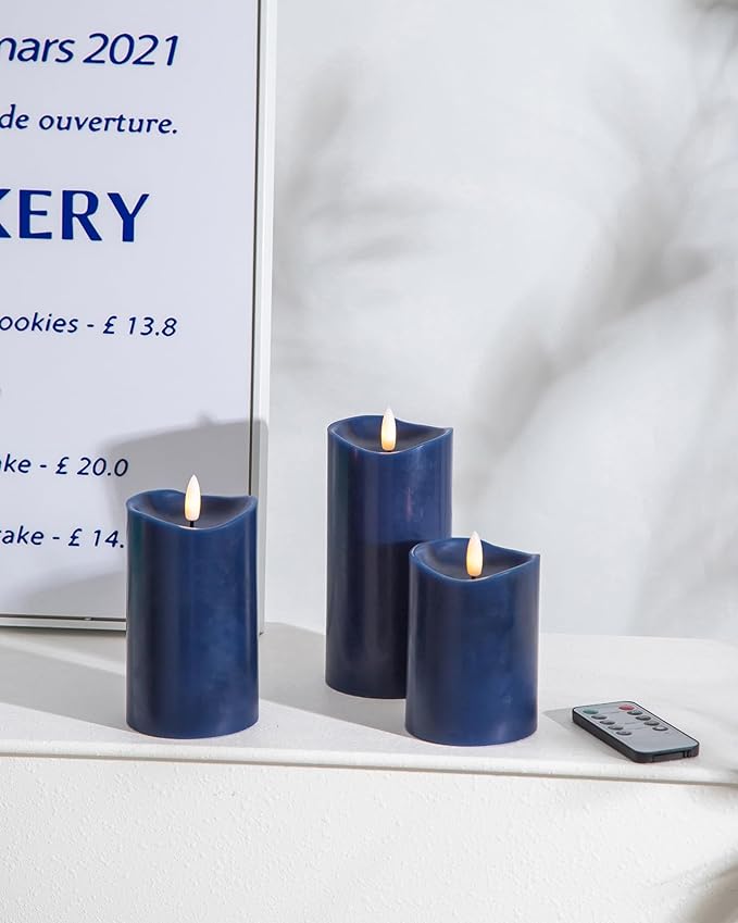 Navy Blue Flameless Candles with Remote and Timer, Real Wax Made LED Pillar Candles Battery Operated with 3D Flickering Flame Melted Top, 3" x 4",5",6", Navy Blue Decor, Set of 3
