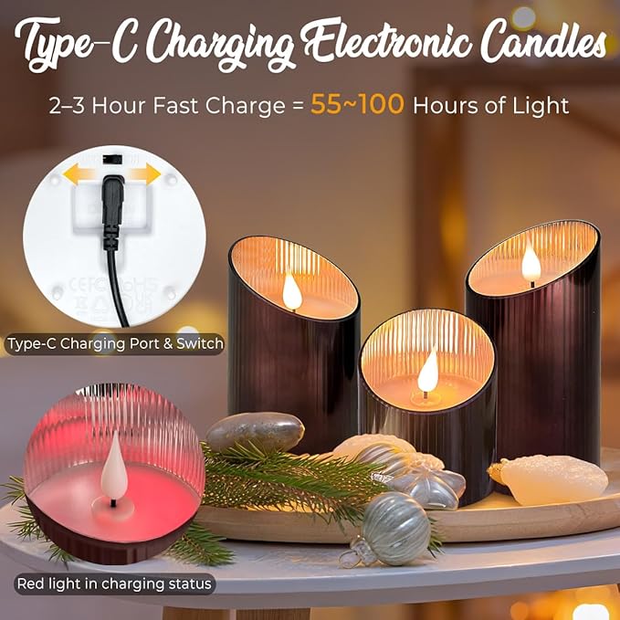 Rechargeable Flameless Candle, Flickering LED Pillar Glass Fake Candle with Remote and Timer, Built-in Battery Real Wax Electronic Candle for Room Decoration, Set of 3